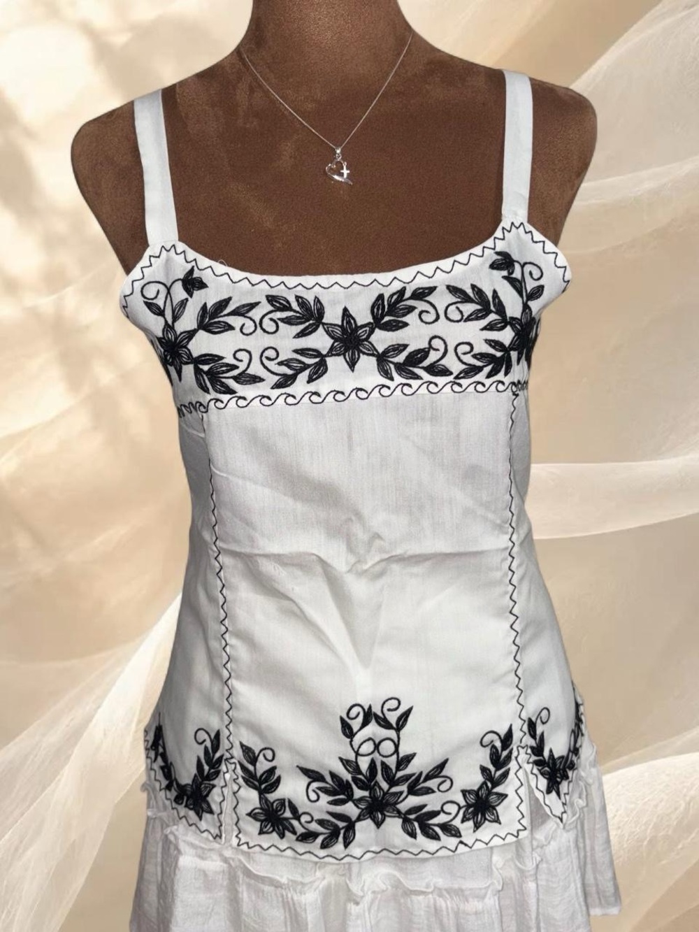 Artisanal White Linen Top Black Floral Embroidery Cottagecore Small